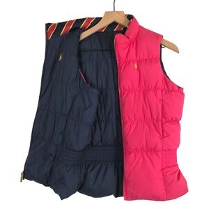 RALPH LAUREN Reversible Down Puffer Vest Girls L 12-14 Hot Pink‎ Navy Crown Pony